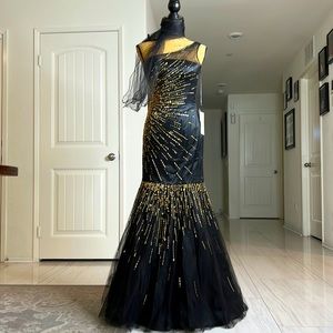 One Shoulder Stone studded Long Black Gold Mermaid  Dress Size S